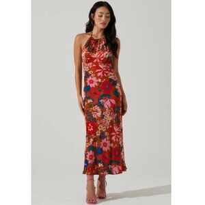 NWT ASTR The Label Talitha Floral Halter Maxi Dress Rust Pink XS